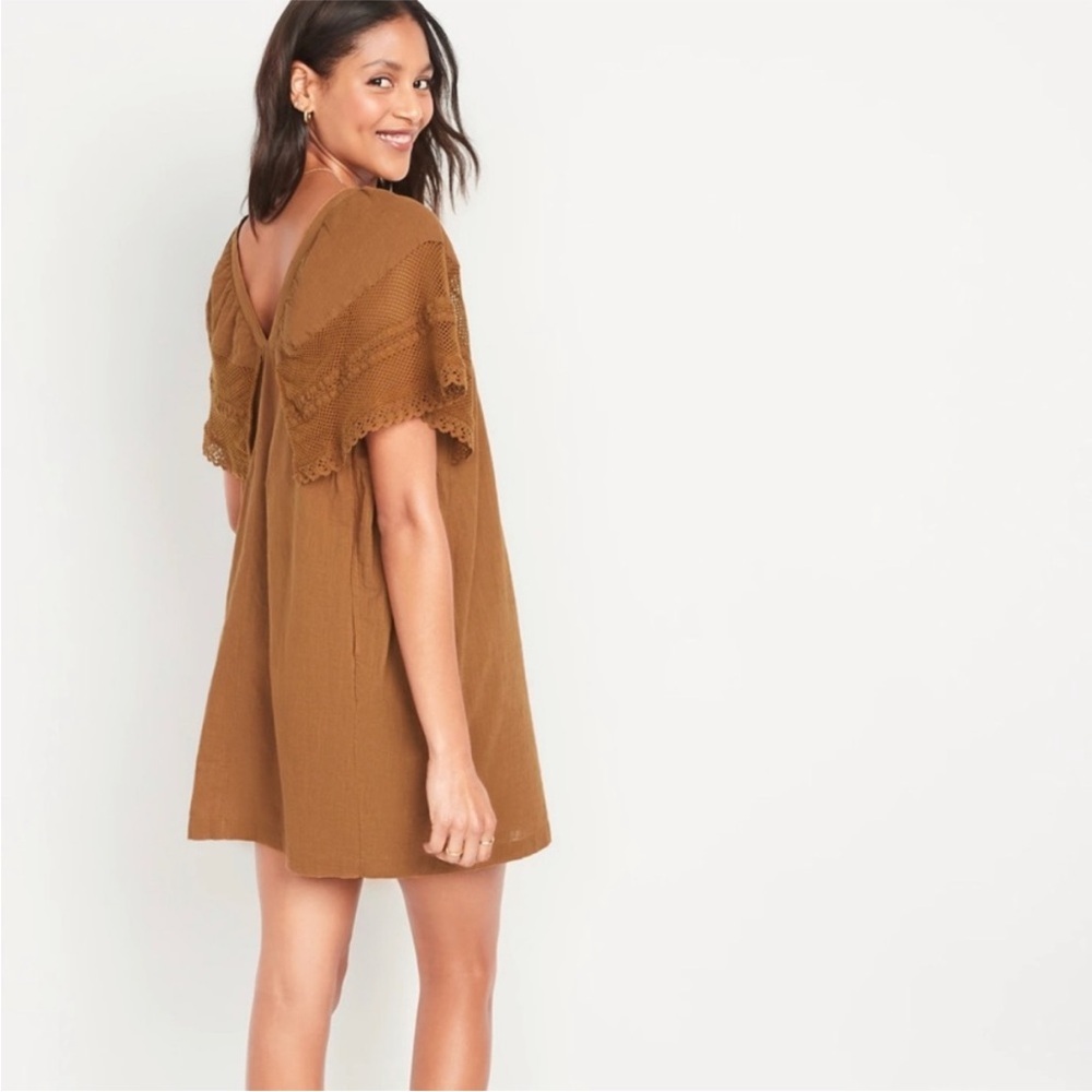 Old Navy Boho Mini Dress Medium Brown Flutter Sleeve Crochet Cottagecore - Picture 3 of 6